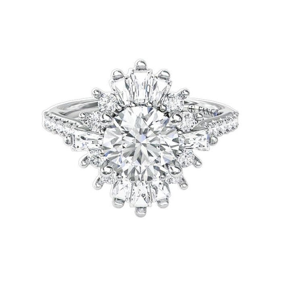 Fana .92CTW Tapered Baguette and Round Diamond Halo Semi Mount Engagement Ring in 14K White Gold