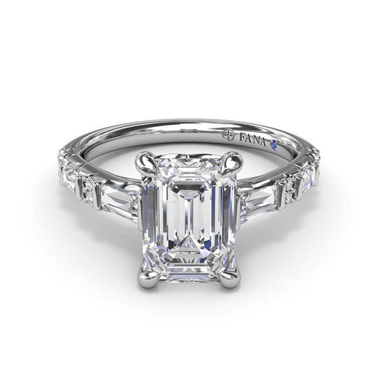 Fana Alternating Baguette and Round Diamond Engagement Ring in 14K White Gold