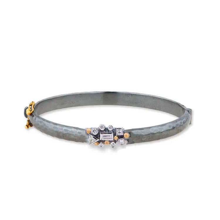 Lika Behar Scatter Oval Bangle Bracelet with Round and Fancy Cut Diamonds in Oxidized Sterling Silver with 24K Yellow Gold and 18K White Gold