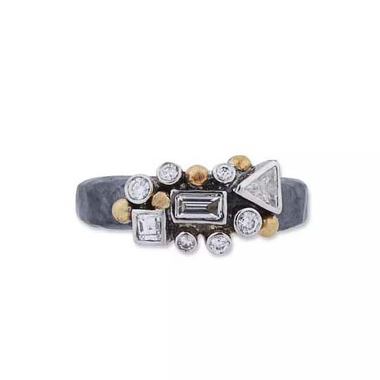 Lika Behar Scatter Ring with Round and Fancy Cut Diamonds in Oxidized Sterling Silver with 24K Yellow Gold and 18K White Gold