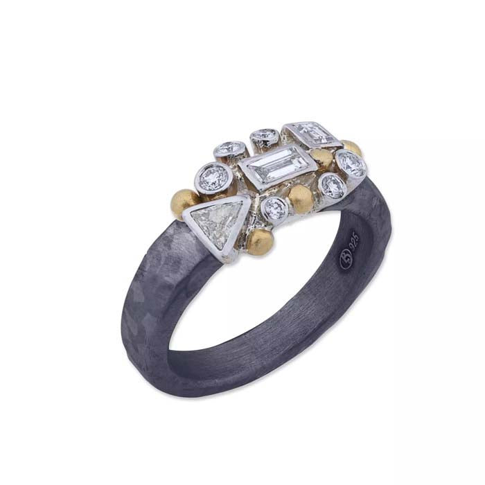 Lika Behar Scatter Ring with Round and Fancy Cut Diamonds in Oxidized Sterling Silver with 24K Yellow Gold and 18K White Gold