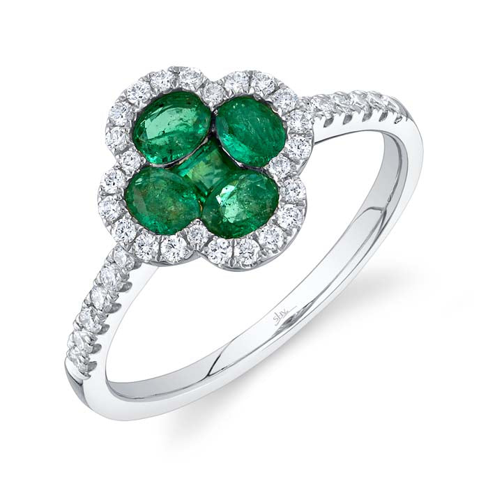 Shy Creation Emerald and Diamond Clover Ring in 14K White Gold