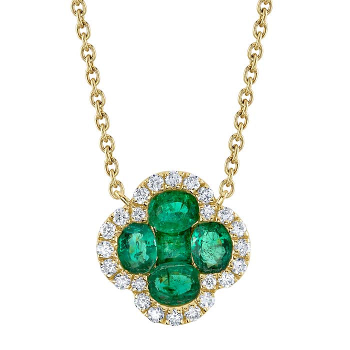 Shy Creation Emerald and Diamond Clover Pendant in 14K Yellow Gold