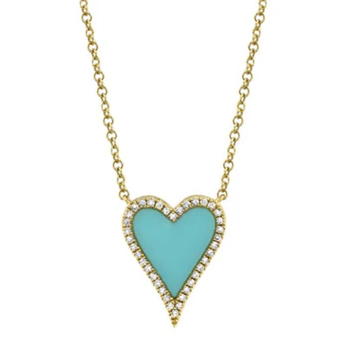 Shy Creation "Kate Collection" 0.09CT Diamond and .69CT Composite Turquoise Heart Necklace in 14K Yellow Gold