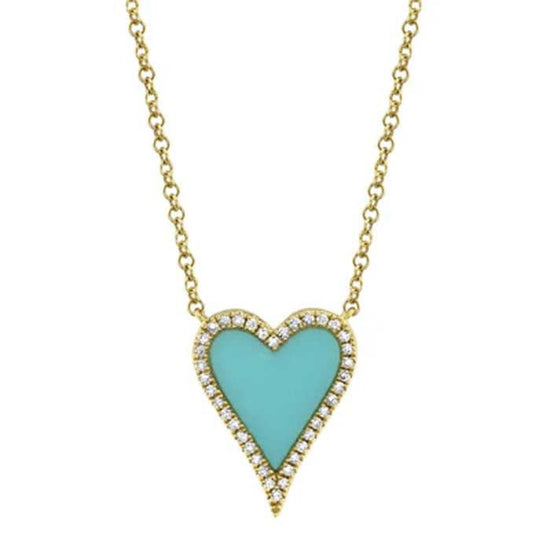 Shy Creation "Kate Collection" 0.09CT Diamond and .69CT Composite Turquoise Heart Necklace in 14K Yellow Gold