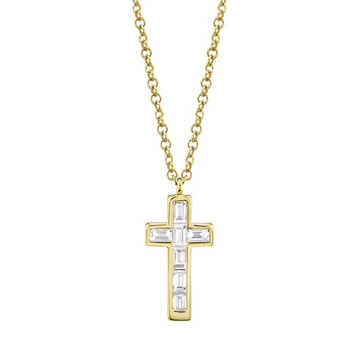 Shy Creation .17CT Diamond Baguette Cross Necklace in 14K Yellow Gold
