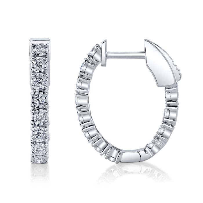 Shy Creation .47CTW Diamond Oval Inside/Outside Hoop Earrings in 14K White Gold