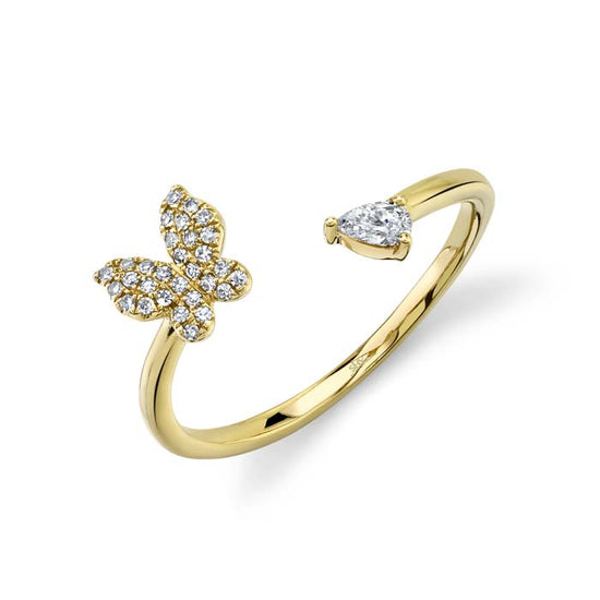 Shy Creation Pavé Butterfly with Pear Diamond Split Ring in 14K Yellow Gold