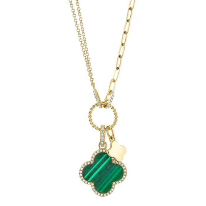 Shy Creation "Kate Collection" .17CTW Diamond and Malachite Clover Paperclip Link Necklace in 14K Yellow Gold