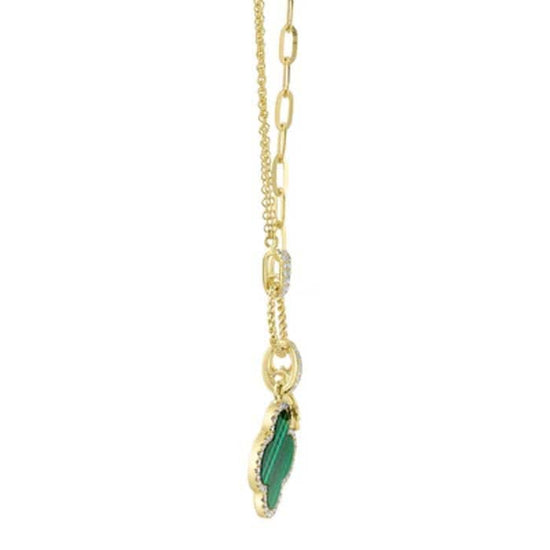 Shy Creation "Kate Collection" .17CTW Diamond and Malachite Clover Paperclip Link Necklace in 14K Yellow Gold