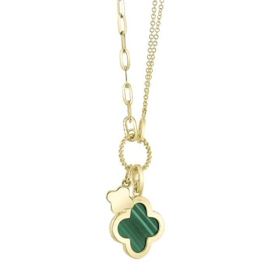 Shy Creation "Kate Collection" .17CTW Diamond and Malachite Clover Paperclip Link Necklace in 14K Yellow Gold