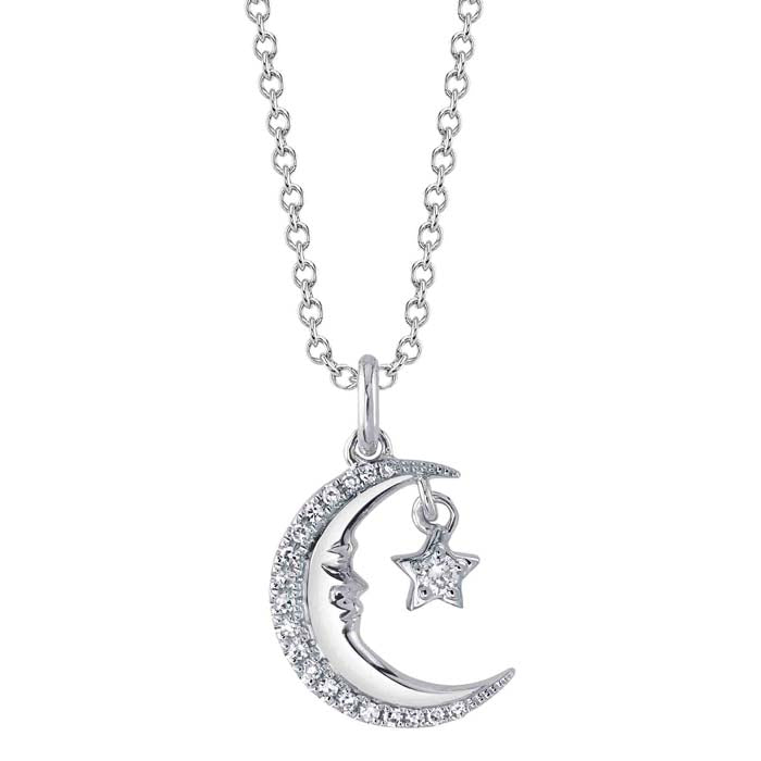 Shy Creation Diamond Crescent Moon and Star Pendant in 14K White Gold