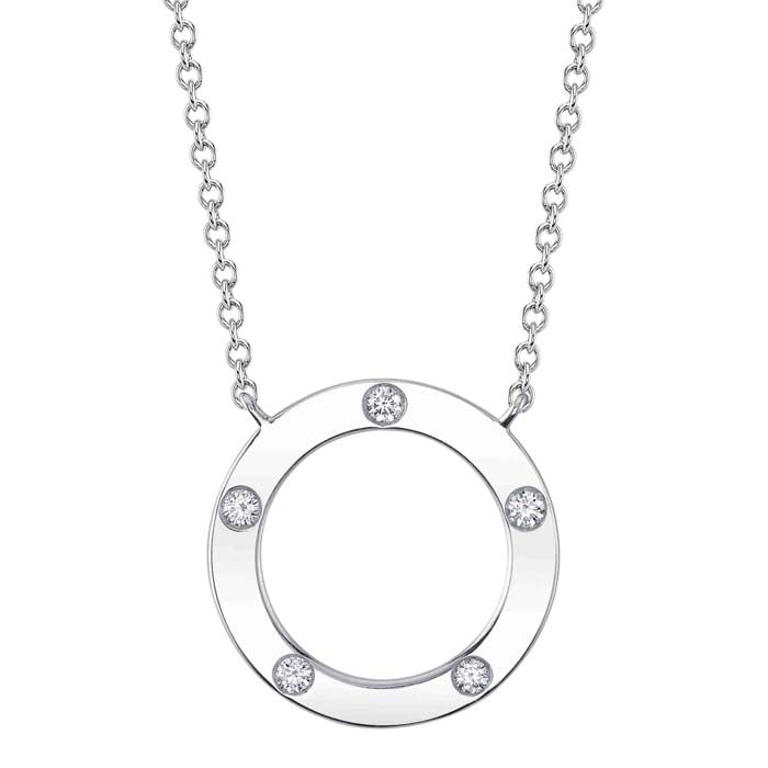 Shy Creation .07CTW Diamond Flush Set Circle Pendant in 14K White Gold