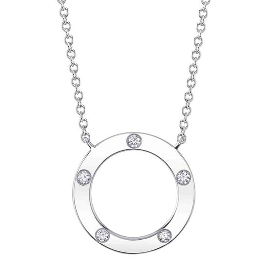 Shy Creation .07CTW Diamond Flush Set Circle Pendant in 14K White Gold