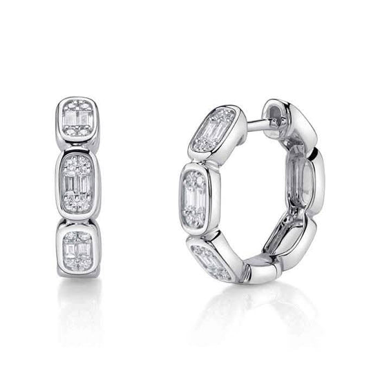 Shy Creation "Aleera Collection" .39CTW Diamond Baguette Octagon Huggie Hoop Earrings in 14K White Gold