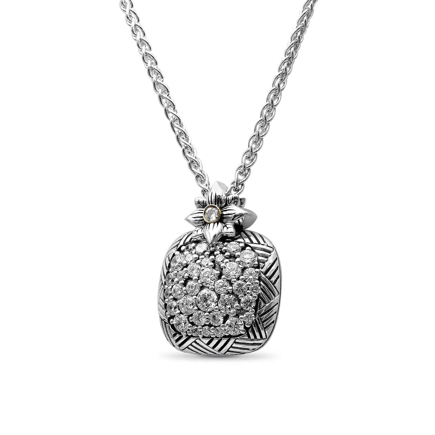 Stephen Dweck Pavé Diamond Garden of Stephen Square Pendant Necklace in Sterling Silver and 18K Yellow Gold