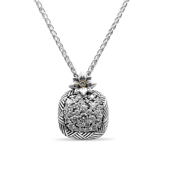 Stephen Dweck Pavé Diamond Garden of Stephen Square Pendant Necklace in Sterling Silver and 18K Yellow Gold