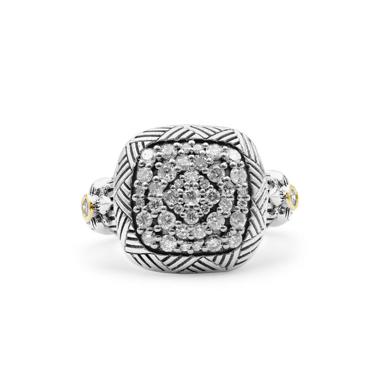 Stephen Dweck Pavé Diamond Garden of Stephen Square Ring in Sterling Silver and 18K Yellow Gold