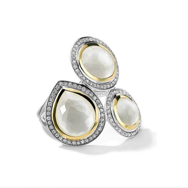 .40Diamond and Mother of Pearl Chimera Lilipop 3 Stone Ring, Sterling Silver and 18K Yellow Gold