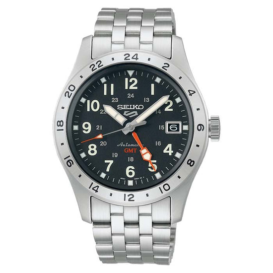 Seiko 39MM Automatic Black Dial 5 Sports Field GMT Series Watch in Stainless Steel