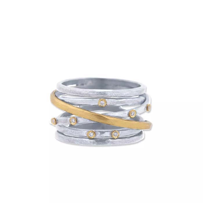 Lika Behar Stockholm Crosswire Ring with Diamonds in Sterling Silver and 24K Fusion Yellow Gold