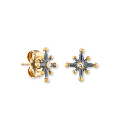 Lika Behar Starburst Medium Stud Earrings with Diamonds in 22K Yellow Gold and Oxidized Sterling Silver