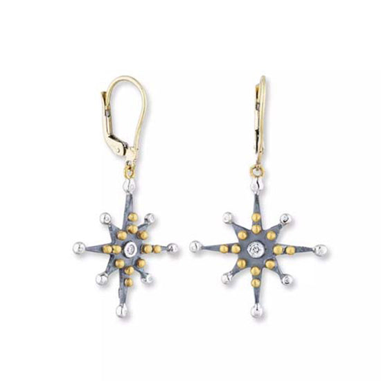 Lika Behar Starburst Earrings with Diamonds in Oxidized Sterling Silver with 24K Yellow Gold and 18K White and Yellow Gold