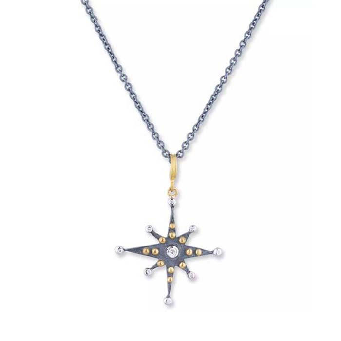 Lika Behar Starburst Diamond Pendant Necklace in Oxidized Sterling Silver with 24K Yellow Gold and 18K White Gold