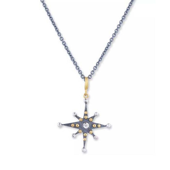 Lika Behar Starburst Diamond Pendant Necklace in Oxidized Sterling Silver with 24K Yellow Gold and 18K White Gold