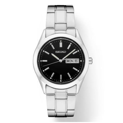 Seiko Mens 38MM Essentials Black Dial Watch in Stainless Steel