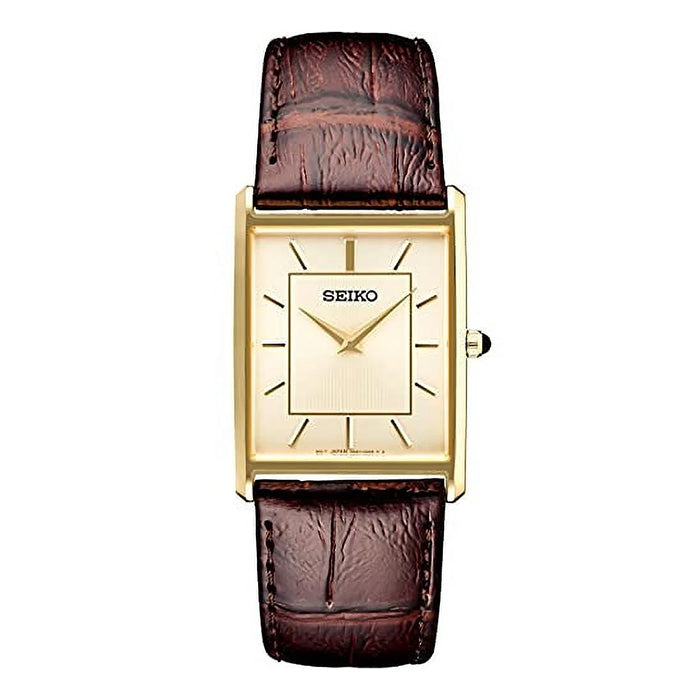 Seiko 28MM Champagne Dial “Essentials” Rectangular Quartz Watch in Gold-Tone Stainless Steel