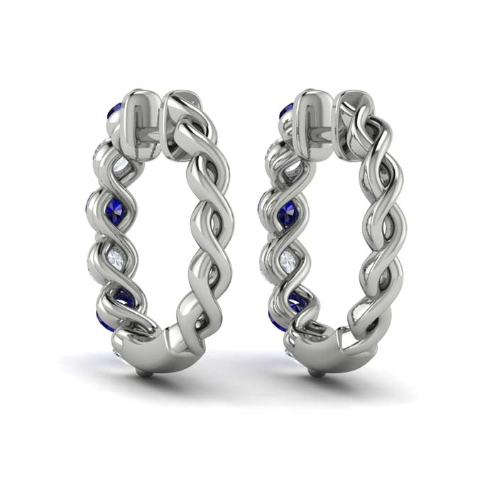 Vlora Diamond and Blue Sapphire Twist Hoop Huggie Earrings in 14K White Gold