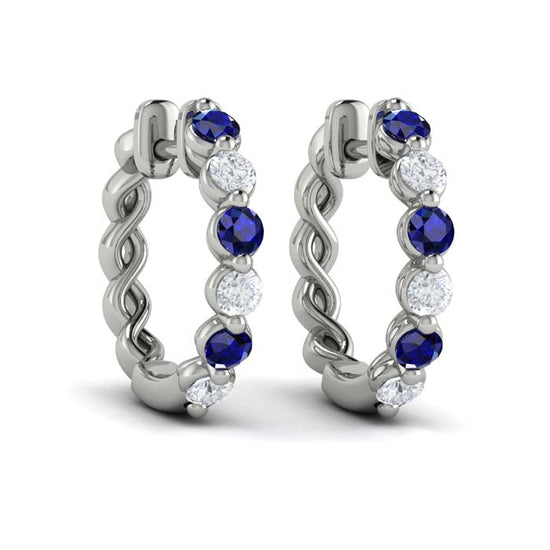 Vlora Diamond and Blue Sapphire Twist Hoop Huggie Earrings in 14K White Gold