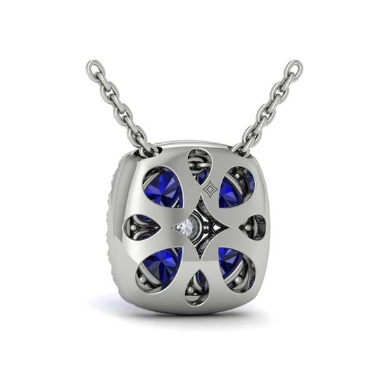 Vlora Adella Diamond Cushion Halo and Multi Oval Sapphire with Center Diamond Pendant Necklace in 14K White Gold