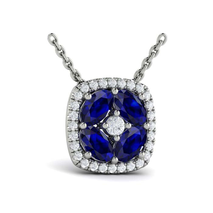 Vlora Adella Diamond Cushion Halo and Multi Oval Sapphire with Center Diamond Pendant Necklace in 14K White Gold