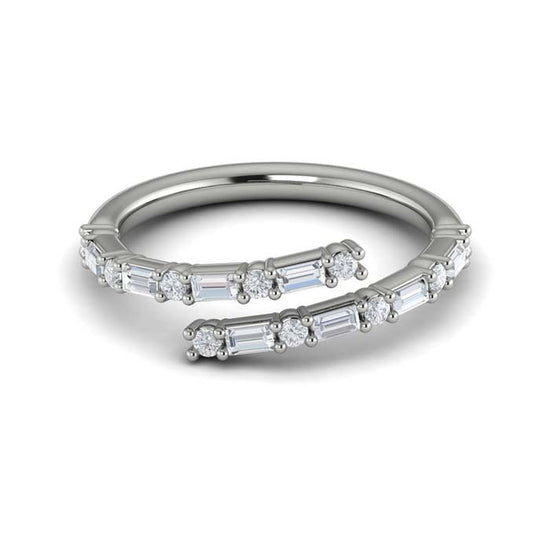 Vlora Karinia Open Bypass Baguette and Round Diamond Ring in 14K White Gold