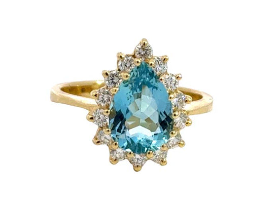 Mountz Collection Pear Shaped Aquamarine and Diamond Halo Ring in 18K Yellow Gold