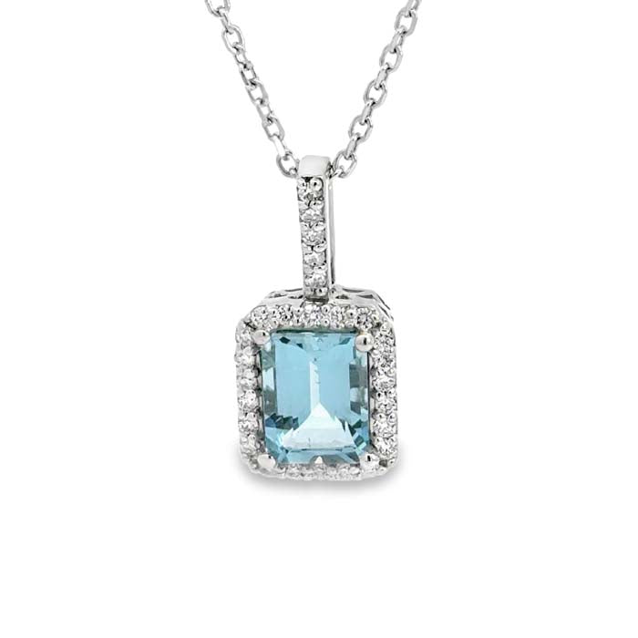 Mountz Collection Emerald-Cut Aquamarine and Diamond Halo Pendant in 14K White Gold