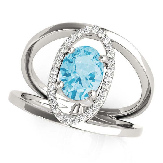 Mountz Collection Oval Aquamarine Elongated Halo and Open Split Shoulder Ring in 14K White Gold