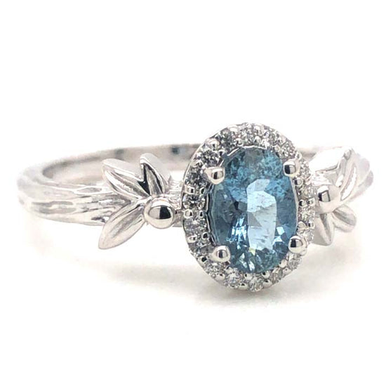 Mountz Collection Oval Aquamarine, Diamond Halo, and Leaf Motif Ring in 14K White Gold