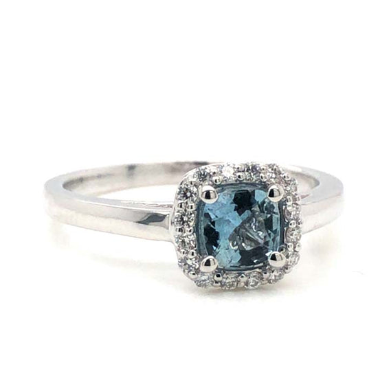 Mountz Collection Cushion Shaped Aquamarine and Diamond Halo Ring in 14K White Gold