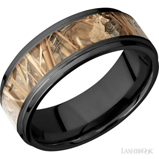 Lashbrook Mens 8mm Zirconium Wedding Band with 5 mm "King's Field"  Camo Inlay