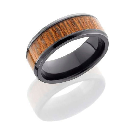 Lashbrook Mens 8mm Zirconium Wedding Band with 5mm Leopard Wood Inlay