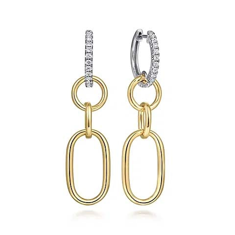 Gabriel & Co. Diamond Huggie Earrings with Hollow Tube Links in 14K White and Yellow Gold