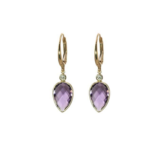 Mountz Collection Upside-Down Pear Shaped Amethyst Drop Earrings with Diamond Detail in 14K Yellow Gold