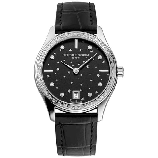 Frederique Constant Moon and Stars Diamond Bezel Watch in Stainless Steel with Leather Strap