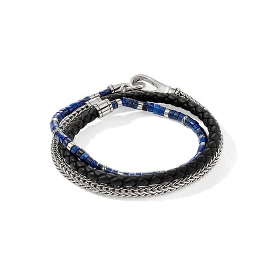 John Hardy 4MM Lapis Heishi and Black Leather Classic Chain Triple Wrap Bracelet in Sterling Silver