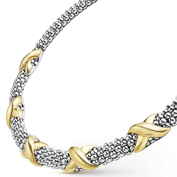 LAGOS 16" Five Station X Caviar Necklace in Sterling Silver and 18K Yellow Gold