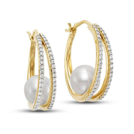 Mastoloni 7.5-8mm Freshwater Cultured Pearl and Diamond Oval Double Hoop Earrings in 14K Yellow Gold