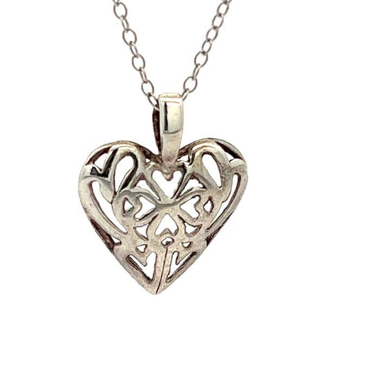 Estate Filigree Heart Pendant Necklace in Sterling Silver